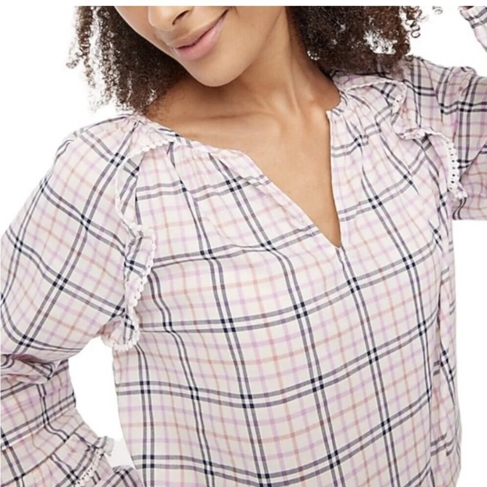 J. Crew Plaid Ruffle Trim Peasant Top Warm Ivory Rose - Size M